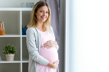 Portrait of beautiful pregnant woman relaxing at home clipart