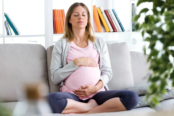 Retrato Una Hermosa Mujer Embarazada Relajándose Sofá Casa — Foto de Stock