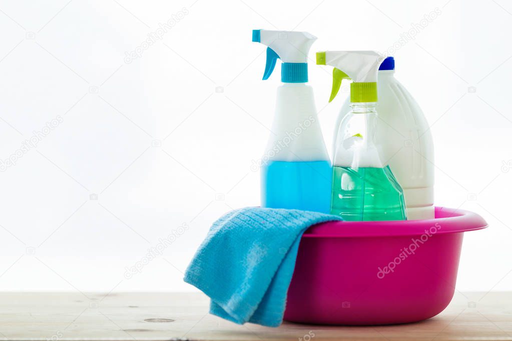 Close-up of cleaning set for different surfaces in kitchen, bathroom and other rooms at home.