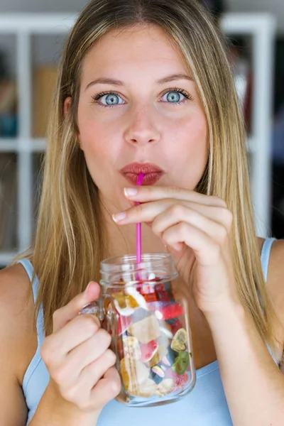 Portrait Beautiful Young Woman Simulating Drink Sweets Glass Cup Home — Stock Photo, Image