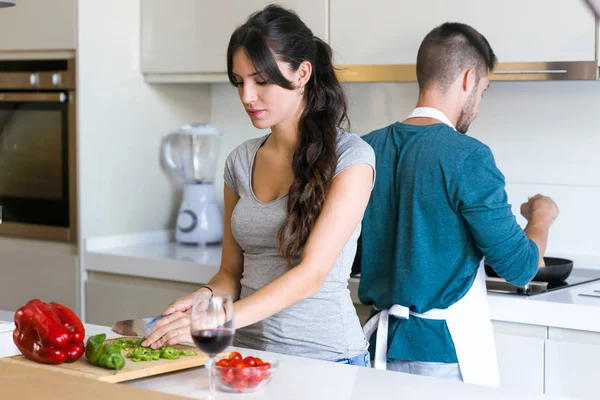 Shot Beautiful Young Couple Cooking Together Kitchen Home — Stock Photo, Image