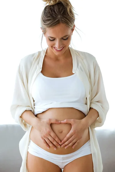 Shot Young Beautiful Pregnant Woman Looking Belly Heart Made Fingers — Stock Photo, Image