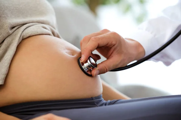 Close Hand Male Obstetrician Doctor Stethoscope Listening Pregnant Woman Baby — Stock Photo, Image