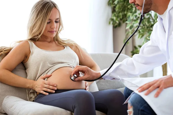 Shot Young Male Obstetrician Doctor Stethoscope Listening Beautiful Pregnant Woman — Stock Photo, Image