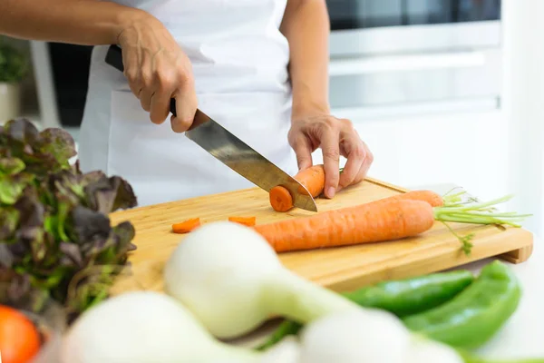 Close Hands Healthy Young Woman Cutting Fresh Vegetables Kitchen Home — Stock Photo, Image