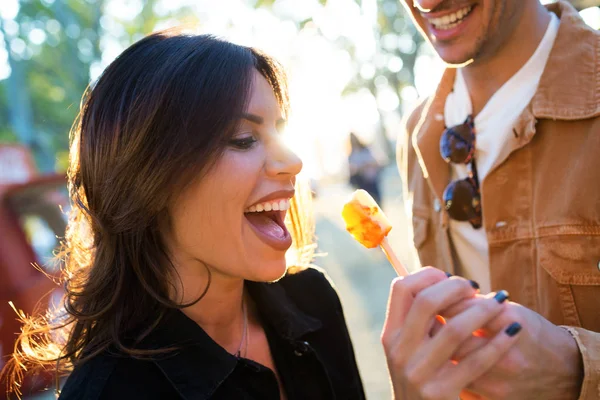 Shot Attractive Young Man Giving Potatoes His Beautiful Girlfriend Eat — Stock Photo, Image