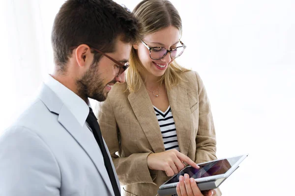 Shot Two Young Business Partners Using Digital Tablet Hallway Company — Stock Photo, Image