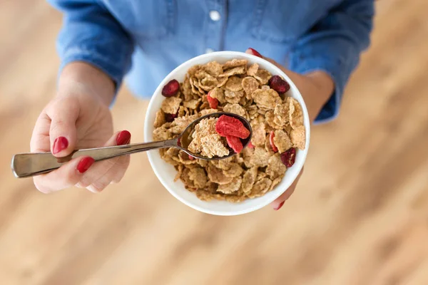 Close Hands Young Woman Holding Bowl Breakfast Cereals Home — Stock Photo, Image
