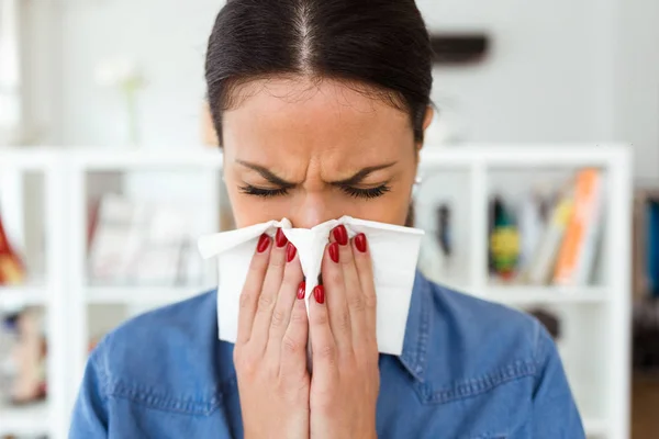 Shot Unhealthy Young Woman Sneezing Tissue Living Room Home — Stock Photo, Image