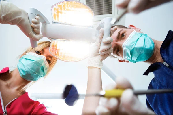 Portrait Confident Dentist Assistant Surgical Mask Holding Dental Drill Doing — Stock Photo, Image