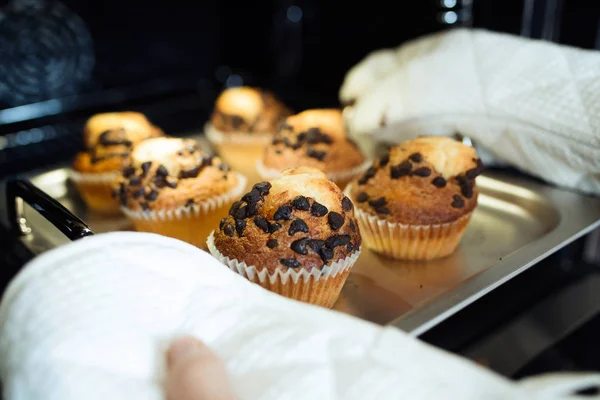 Gros Plan Fille Préparant Des Cupcakes Chocolat Four Dans Cuisine — Photo