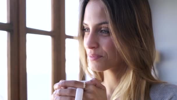 Video Beautiful Young Woman Standing Window While Drinking Coffee Living — Stock Video