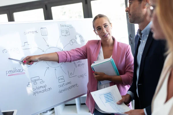 Elegante junge Geschäftsfrau zeigt auf weiße Tafel und erklärt ihren Kollegen ein Projekt am Coworking Place. — Stockfoto