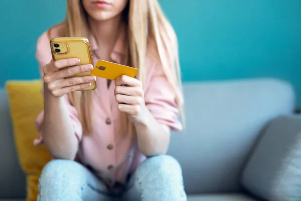 Close Serious Young Woman Paying Something Online Her Credit Card — Stock Photo, Image