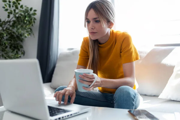 Skjuten Självsäker Ung Kvinna Arbetar Med Sin Bärbara Dator Medan — Stockfoto