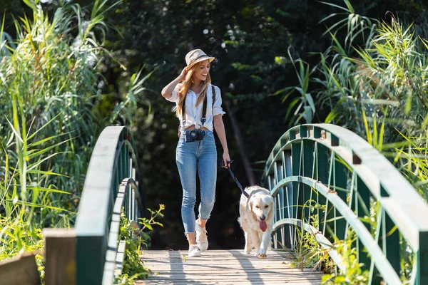 Çekici Genç Amatör Bir Kadının Köpeğiyle Birlikte Parkta Köprüden Geçerken — Stok fotoğraf