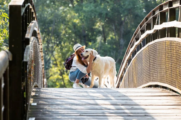ภาพของหญ งสาวม อสม ครเล าสนใจ บหมาของเธอข ามสะพานในสวนสาธารณะ — ภาพถ่ายสต็อก