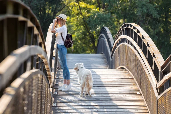 Tânără Fotografă Amatoare Fotografiază Peisajul Timp Plimbă Câinele Traversând Pod — Fotografie, imagine de stoc