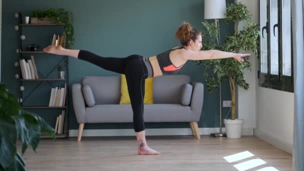 Video Attractive Sporty Young Woman Doing Hypopressive Exercises Living Room — Stock Video