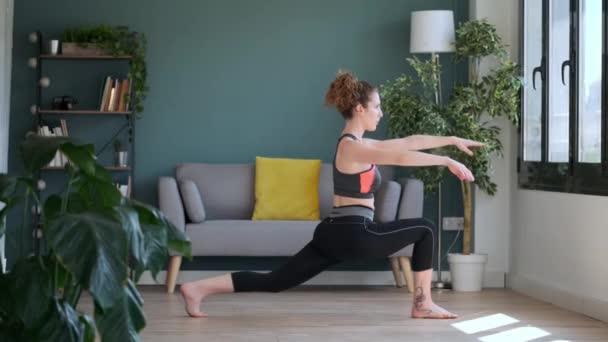 Video Attractive Sporty Young Woman Doing Hypopressive Exercises Living Room — Stock Video