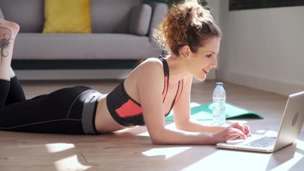 Video Sporty Beautiful Woman Having Online Video Call Laptop Computer — Stock Video