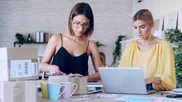 Vídeo Duas Belas Mulheres Negócios Freelance Vendedor Verificando Ordem Produto — Vídeo de Stock