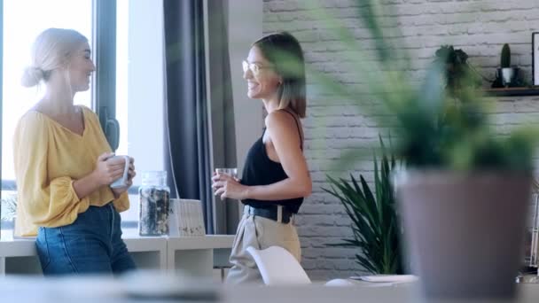 Video Bahagia Lepas Bisnis Wanita Penjual Mengambil Istirahat Sambil Berbicara — Stok Video