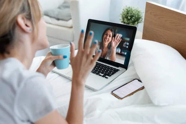 Back View Beautiful Young Woman Waving Hand Having Videocall Laptop — Stock Photo, Image