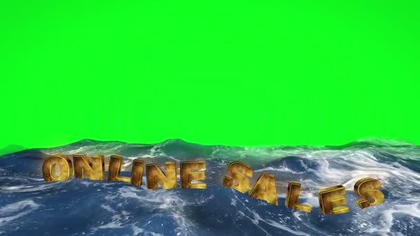 Текст онлайн продаж, плавающий в воде на фоне зеленого экрана — стоковое видео