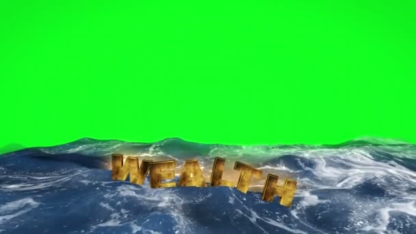 Wealth text floating in the water against green screen — Stock Video