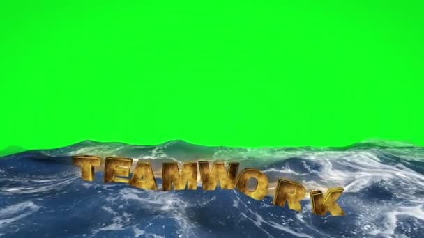 Texto de trabajo en equipo flotando en el agua contra la pantalla verde — Vídeo de stock