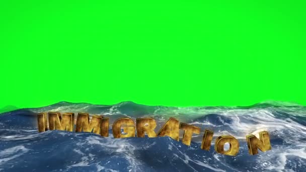 Texto de inmigración flotando en el agua en pantalla verde — Vídeo de stock
