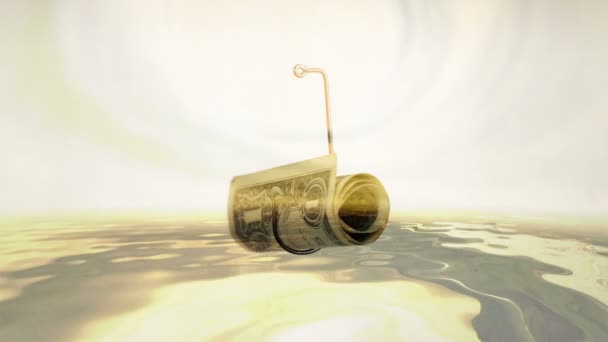Δολάριο σε ένα γάντζο αλιείας που αντανακλούν στο νερό — Αρχείο Βίντεο