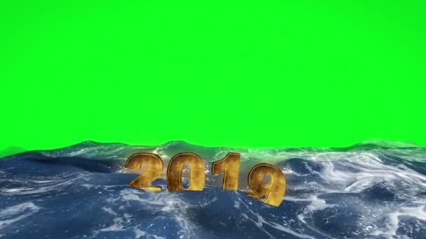 2019 text floating in the water against green screen — Stock Video