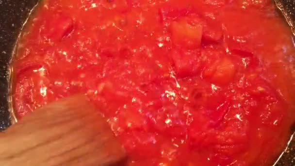 Cozinhar salsa de tomate fechar — Vídeo de Stock