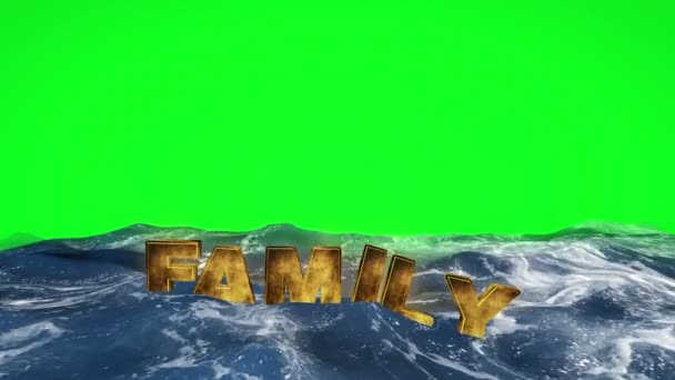 Семейный текст плывет в воде на фоне зеленого экрана — стоковое видео