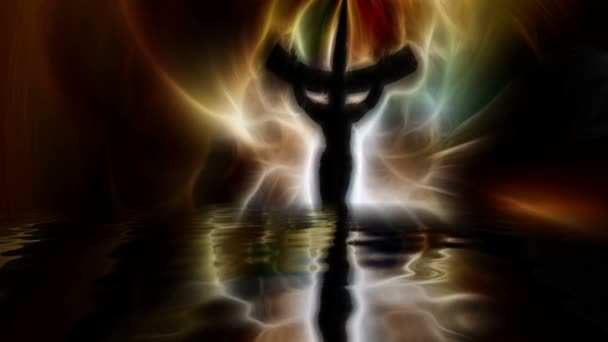 Jesus on cross reflecting in water — Stock Video