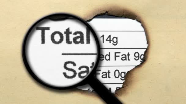 Magnifying glass on nutrition facts — Stock Video