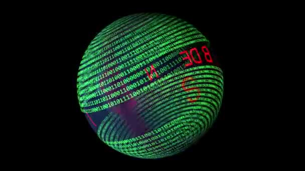 Tekst van het webontwerp en binaire gegevens over roterende bol — Stockvideo