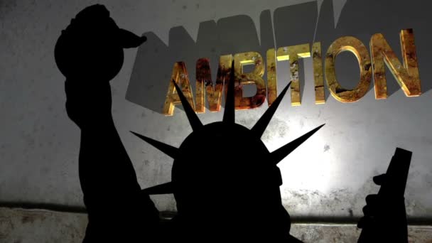 Статуя свободы на фоне разрушенных амбиций — стоковое видео