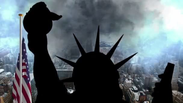 Statue de la liberté contre le drapeau des États-Unis et New York — Video
