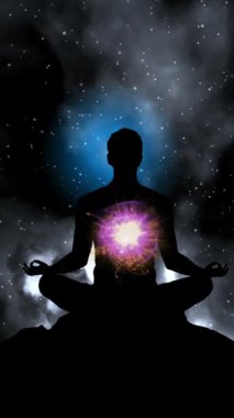 The individual sits in a classic lotus position enveloped by the peaceful backdrop of a vibrant star filled night sky vertical video