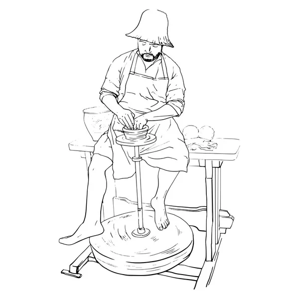 Professionele Mannelijke Nationale Potter Werken Met Klei Potters Mechanische Wiel — Stockvector
