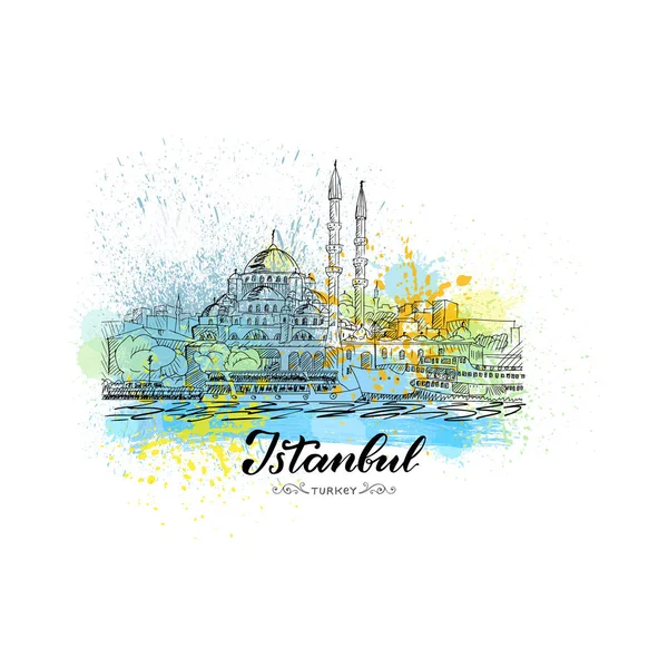 Hand Drawn Watercolor Style Splashes Sketch New Mosque Istanbul Turkey — Stock Vector