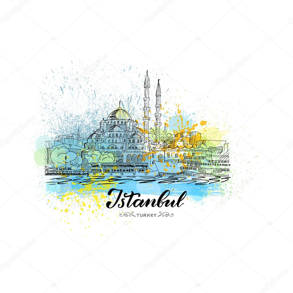 Hand drawn in watercolor style splashes sketch of New Mosque, Istanbul, Turkey 
