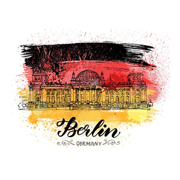 Esquisse dessinée à la main du Reichstag sur drapeau de style aquarelle — Image vectorielle