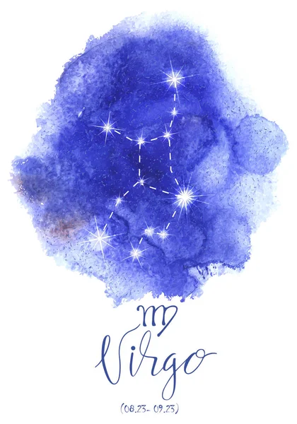 モダンなレタリングと青の水彩背景に星占いの星座おとめ座 光る星の形と干支星座 黄道帯システムと古代のカレンダーの一部です 手には 星座のイラストが描かれました 大きなコレクションの一部 — ストックベクタ