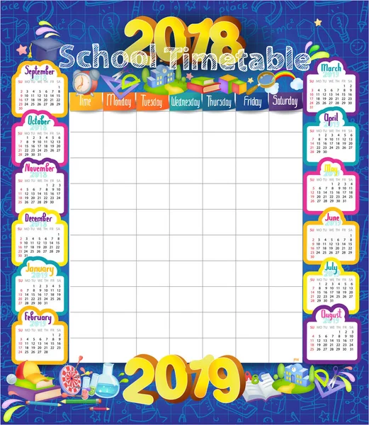 Calendario Horario Escolar Para Estudiantes Alumnos Año 2018 2019 — Vector de stock