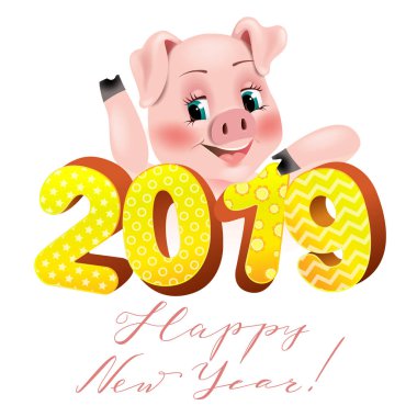  Mutlu yeni yıl kartı 2019 komik domuzla. Mutlu yeni yıl, tatil tebrik kartı, vektör çizim