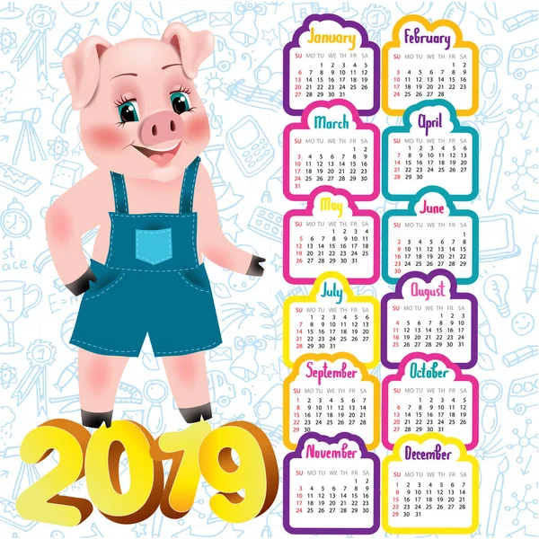 Kalender 2019 Mit Süßem Schwein Symbol Des Jahres — Stockvektor